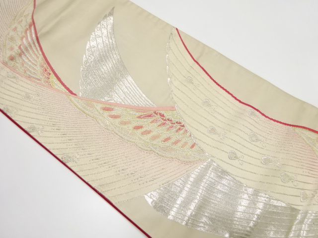 JAPANESE KIMONO / ANTIQUE FUKURO OBI / SILK / WOVEN PEACOCK FEATHERS